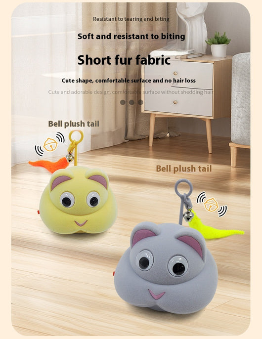Gray pet toy shaped like a mouse or cat head with googly eyes, pink ears, and a yellow feather with a bell. - Image 13