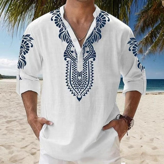 Camisa Casual de Playa con Cuello Mao Manga Larga para Hombre - Image 8