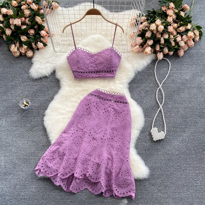Conjunto de Dos Piezas: Blusa Camisola Hueca y Falda Cintura Alta para Verano - Image 5