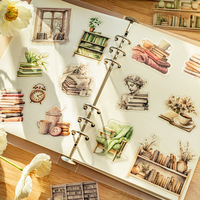 Set of 20 PET stickers featuring watercolor illustrations of cozy reading nooks, bookshelves, books, and related items. - Image 3