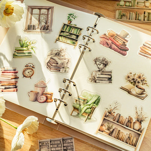 Set of 20 PET stickers featuring watercolor illustrations of cozy reading nooks, bookshelves, books, and related items. - Image 3