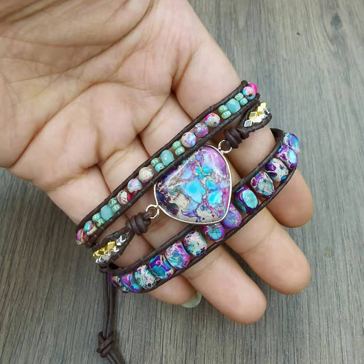 Pulsera de Cuero de Vaca con Tres Círculos Piedra Emperador y Cuentas - Image 3