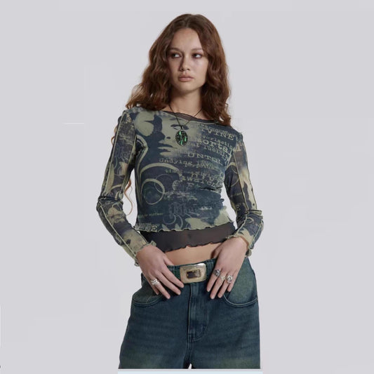 Camiseta Manga Larga Estilo Vintage con Detalles de Malla Superpuesta
