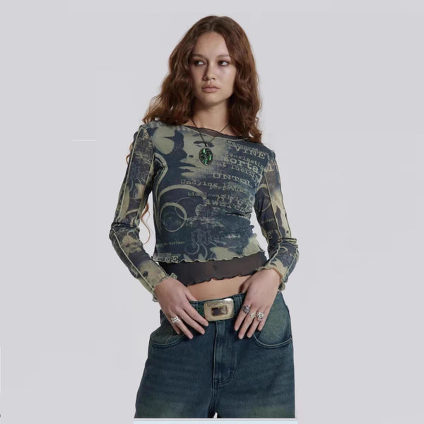 Camiseta Manga Larga Estilo Vintage con Detalles de Malla Superpuesta
