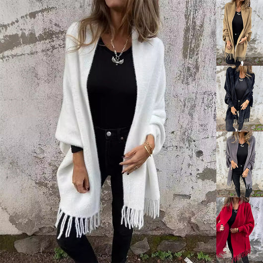 Cardigan Tejido para Mujer con Mangas Murciélago y Diseño de Borlas - Saco Suelto y Elegante