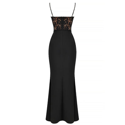 Vestido Largo de Encaje Cintura Alta Escote Profundo con Falda Sirena - Image 10