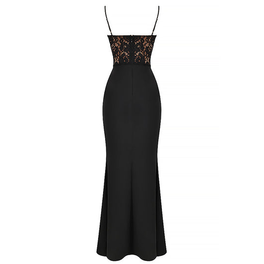 Vestido Largo de Encaje Cintura Alta Escote Profundo con Falda Sirena - Image 10