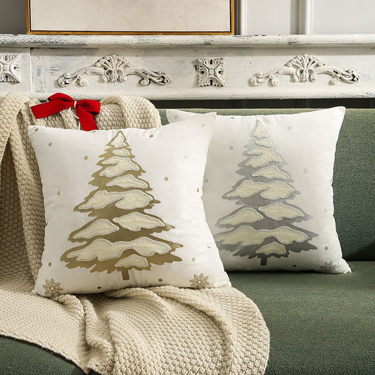 Funda de Almohada Navideña con Árbol Bordado y Bronce