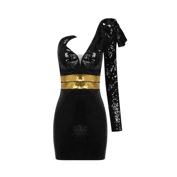 Vestido Envolvente de Lentejuelas con Hombro Descubierto y Manga Larga - Image 5