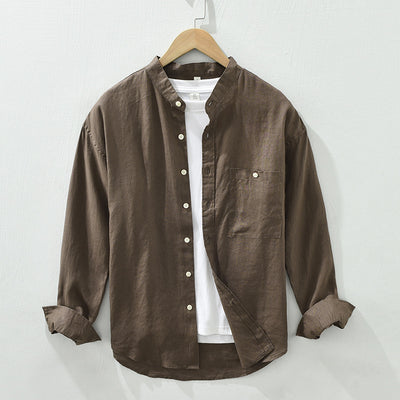 Camisa de Lino con Cuello Mao y Mangas Largas - Corte Holgado Casual - Image 9