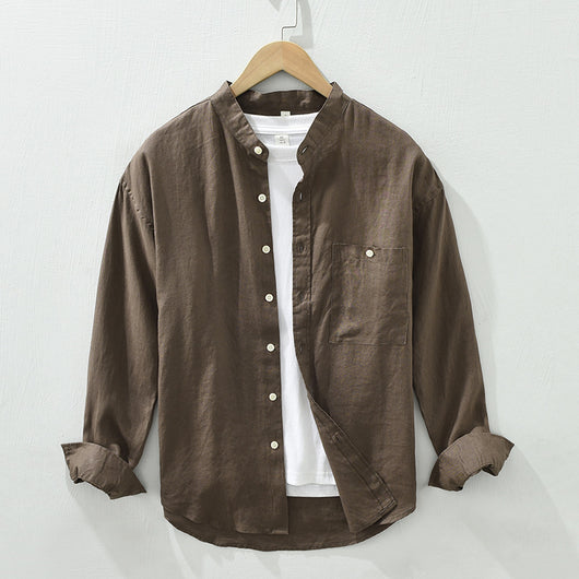 Camisa de Lino con Cuello Mao y Mangas Largas - Corte Holgado Casual - Image 9