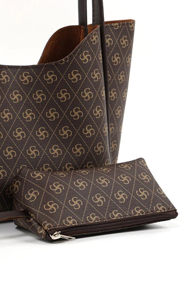 Bolso de Cuero Sintético Monogram Brown con Cartera y Neceser Incluido - Image 4