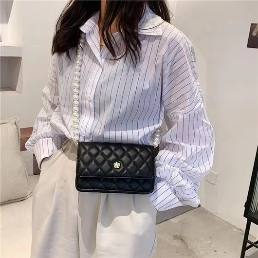 Bolso Bandolera Mujer con Cadena de Perlas y Cuadrícula de Diamantes - Image 10