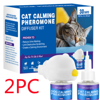 Cat Calming Pheromone Diffuser Kit with a white plug-in diffuser and a green refill bottle, next to its green and white box. - Image 20