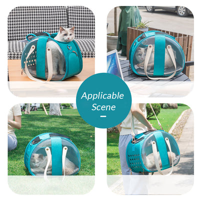 Ragdoll cat peeking from a dark grey pet carrier with transparent sides, ventilation holes, and rose gold zippers. - Image 2