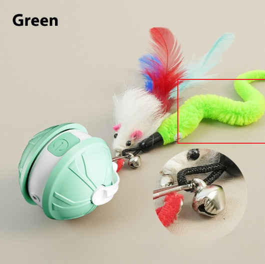Green and white electric intelligent pet laser toy ball with power button, shown with mouse and worm attachments. - Image 9