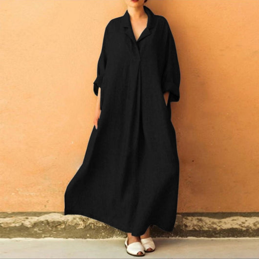 Vestido Bohemio Holgado Largo Hasta el Tobillo con Mangas Farol para Oficina - Image 2