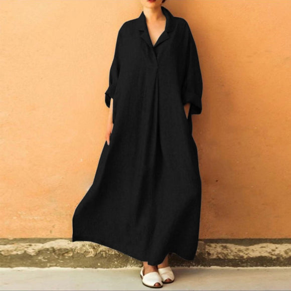Vestido Bohemio Holgado Largo Hasta el Tobillo con Mangas Farol para Oficina