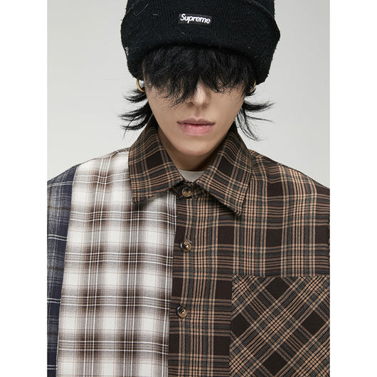 Camisa de Cuadros Patchwork Irregular de Manga Larga - Image 11