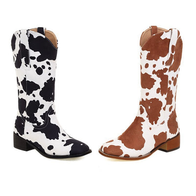 Botas Vaqueras Talla Grande con Estampado Vaca y Tacón Cuadrado Vintage - Image 2