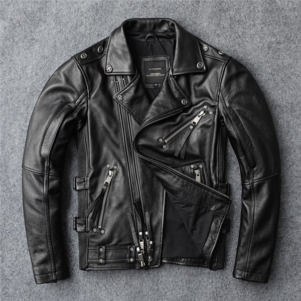 Chaqueta de Cuero para Motociclista Ajuste Slim Primera Capa