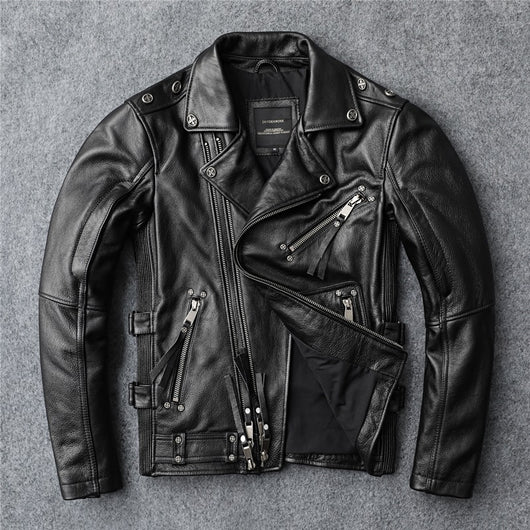 Chaqueta de Cuero para Motociclista Ajuste Slim Primera Capa