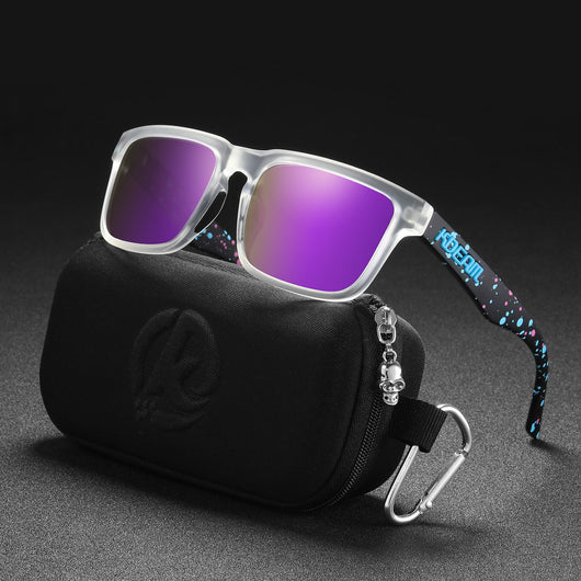 Men's and women's dazzling blue and black striped polarized sunglasses with gray lenses and a black case. - Image 57