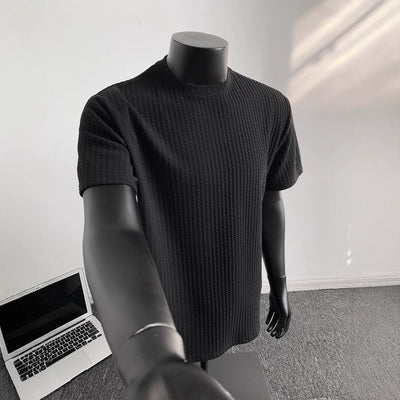 Playera Tejida de Manga Corta a Rayas Negras para Hombre