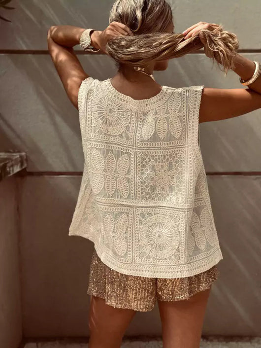 Chaleco Cardigan con Encaje Bordado y Hebilla - Top Versátil para Vacaciones - Image 10