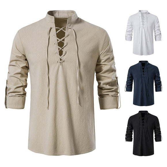 Camisa Cuello Mao Manga Larga Algodón y Lino