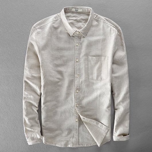 Camisa de Lino y Algodón para Hombre - Manga Larga Color Sólido - Image 6