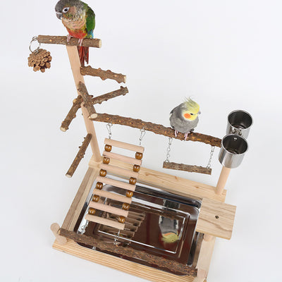 Multi-level natural wood parrot play stand with perches, ladder, swings, and two stainless steel feeding cups. - Image 4