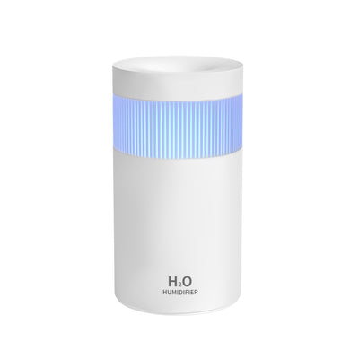 Light pink mini desktop USB humidifier with a blue LED light band and "H₂O HUMIDIFIER" text on the front. - Image 10