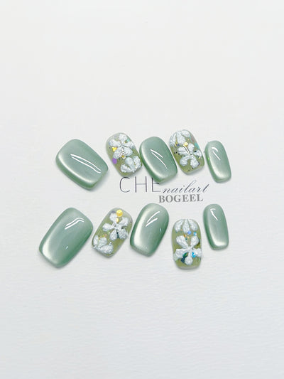 Uñas Postizas con Diseño Floral 3D - Efecto Ojo de Gato Verde - Image 11