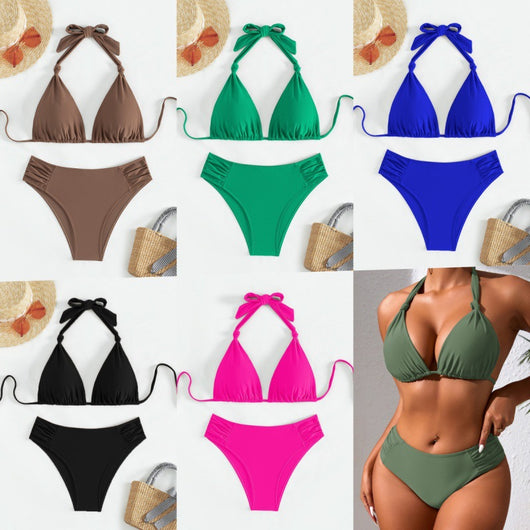 Solid olive green triangle halter bikini swimsuit for women, featuring a high-waisted bottom with ruched sides. - Image 8
