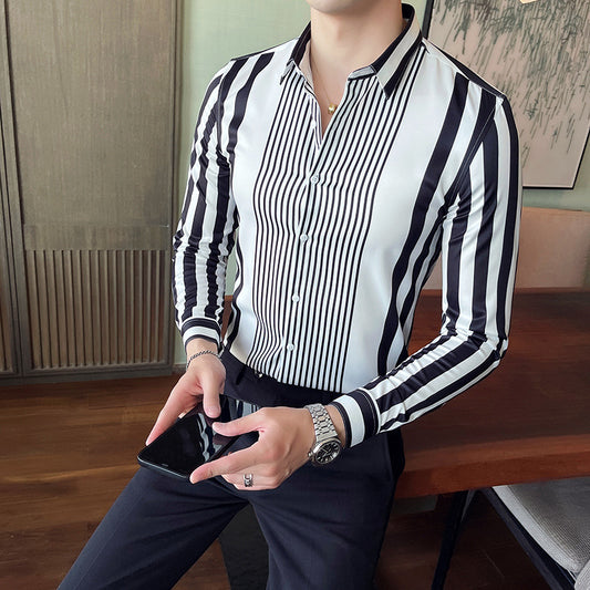 Camisa Casual de Manga Larga con Cuello Puntiagudo a Rayas - Seda de Hielo sin Planchado