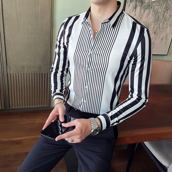 Camisa Casual de Manga Larga con Cuello Puntiagudo a Rayas - Seda de Hielo sin Planchado