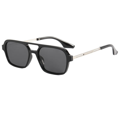 Retro black frame sunglasses with pink square lenses and a double bridge, featuring silver-colored temple accents. - Image 12