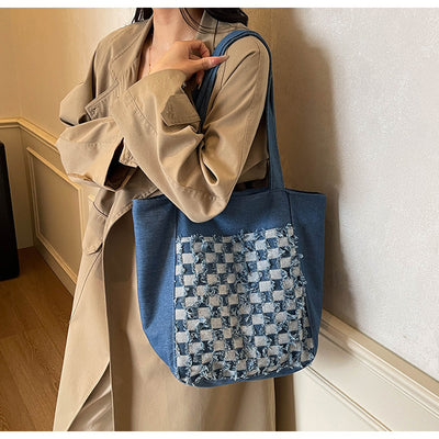 Bolsa Tote de Mezclilla Lavada con Patrón Escocés y Gran Capacidad - Image 20