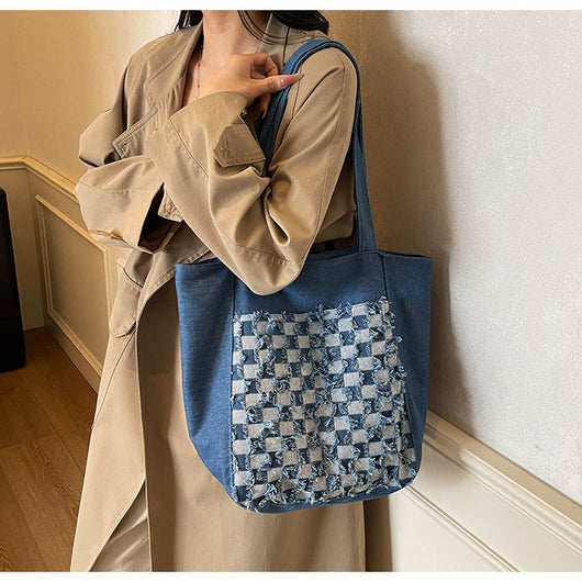 Bolsa Tote de Mezclilla Lavada con Patrón Escocés y Gran Capacidad - Image 20
