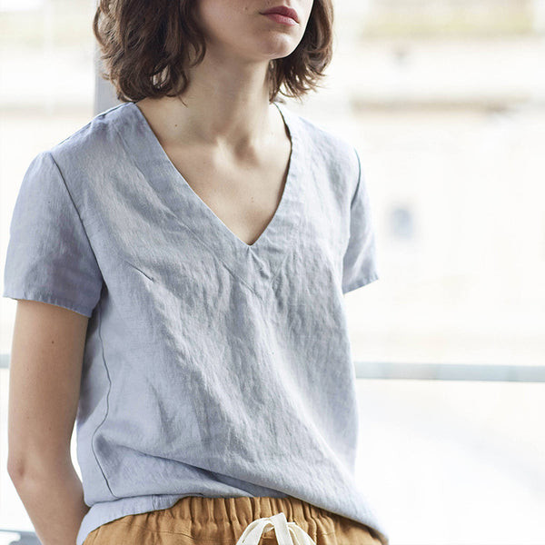 Camiseta de Lino Puro Cuello V Mujer - Diseño Minimalista