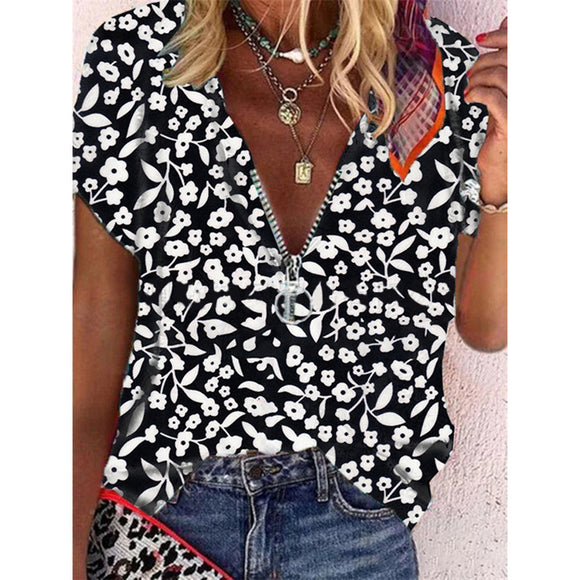 Blusa Floral Escote V Manga Corta - Diseño Fresco para Verano