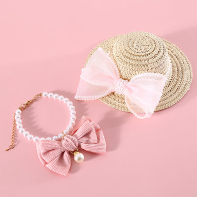 Sombrero de Paja Tejido para Gatos con Moño de Perlas - Image 2