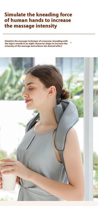 Light gray shoulder and neck massager with blue trim, control buttons, and hanging straps on a white background. - Image 15