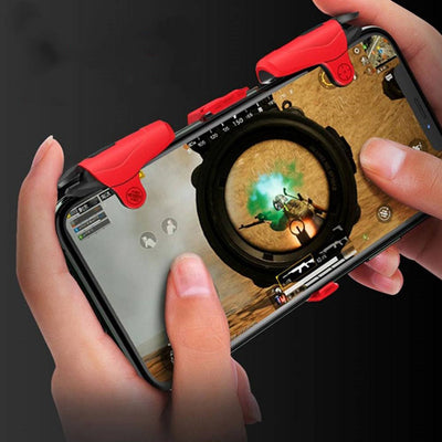 Black and red mobile phone gamepad with mechanical buttons floating above an open hand. - Image 5