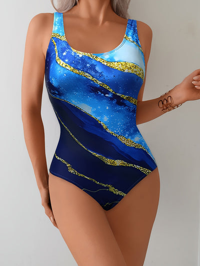 Women's one-piece swimsuit with a blue and gold gradient abstract pattern and U-neckline. - Image 11