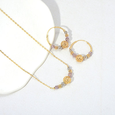 Multicolor cutout round beads necklace and matching hoop earrings set with gold, silver, and purple beads. - Image 11