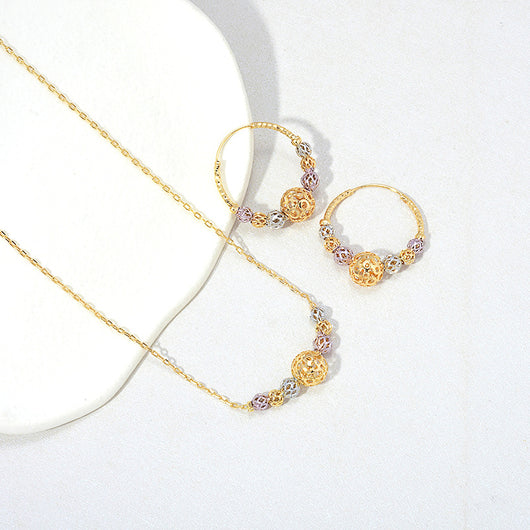 Multicolor cutout round beads necklace and matching hoop earrings set with gold, silver, and purple beads. - Image 11