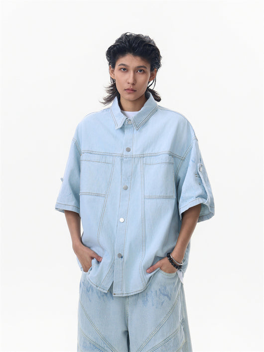 Conjunto de Camisa y Shorts Denim Retro Desgastado para Verano - Image 35