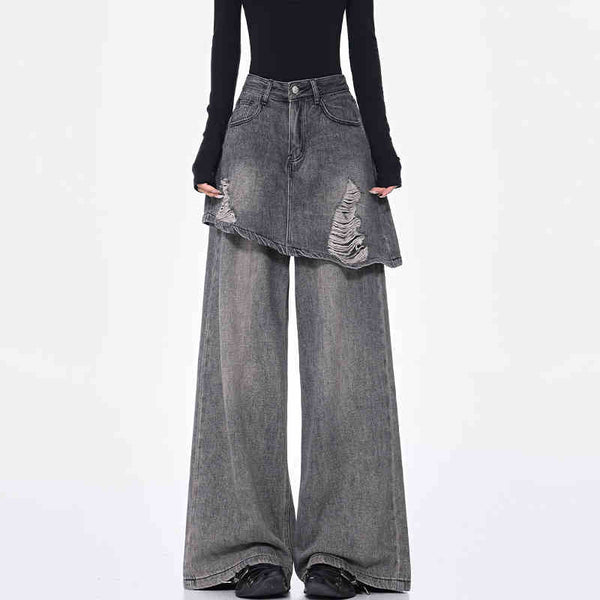 Pantalones Rectos Azul Vintage Efecto Desgastado Doble Tela para Mujer